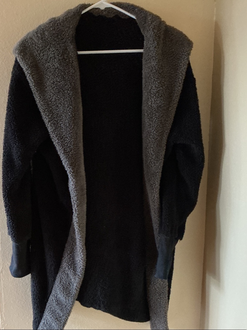 Plush Open-Front Teddy Jacket with Hood in Dark Gray